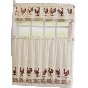 3pc. Printed Curtains Set:2 Tiers(30"x36") & Valance(60"x14") ROOSTERS & POST,LC
